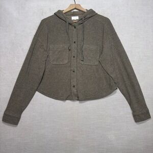 Thread & Supply Cropped Hooded Button Up Shirt Jacket Olive Green Womens Medium